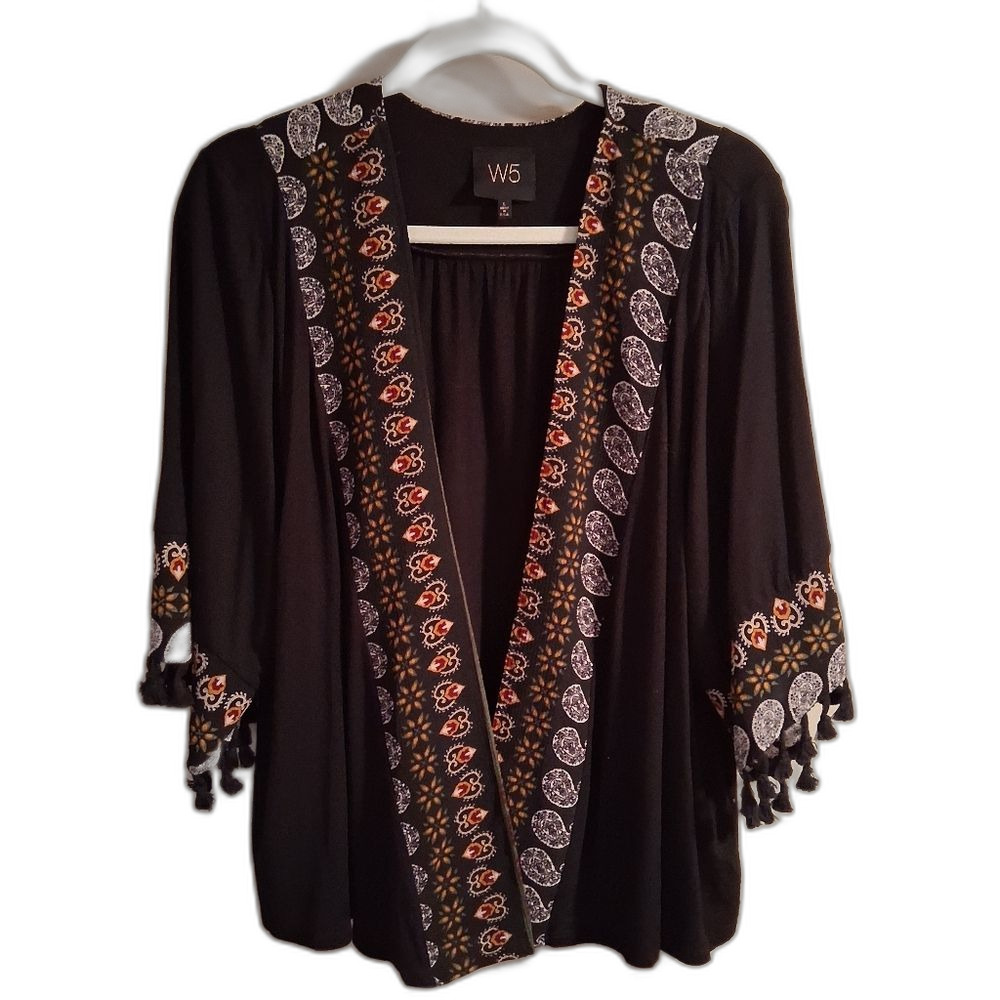 W5 Black Open Cardigan Kimono with Colorful Trim and Tassel Fringe